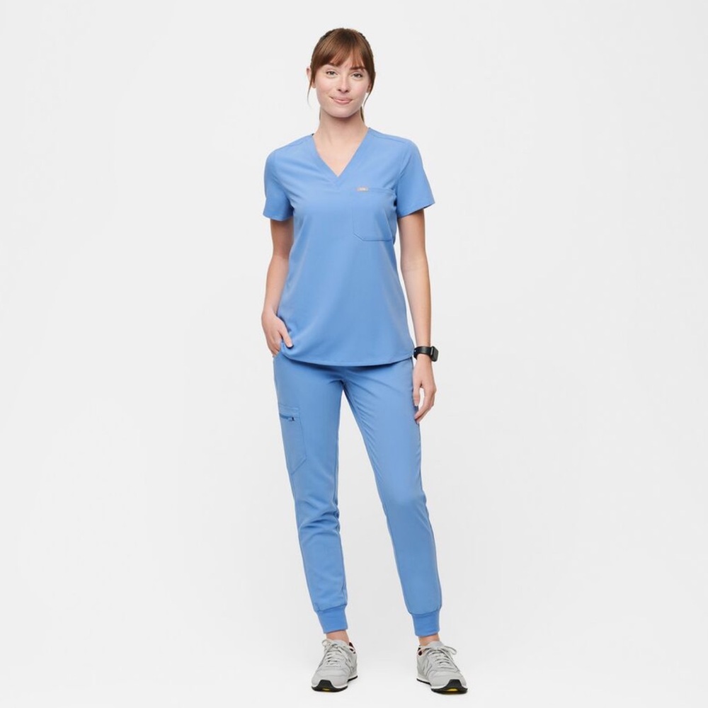 FIGS Ceil Blue Scrub Set; Catarina One-Pocket Scrub Top and Zamora Jogger Pants